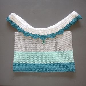 Hand Crafted Hand Crocheted Boho Girls Teal Blue Off Shoulder Crop Top 6/6X